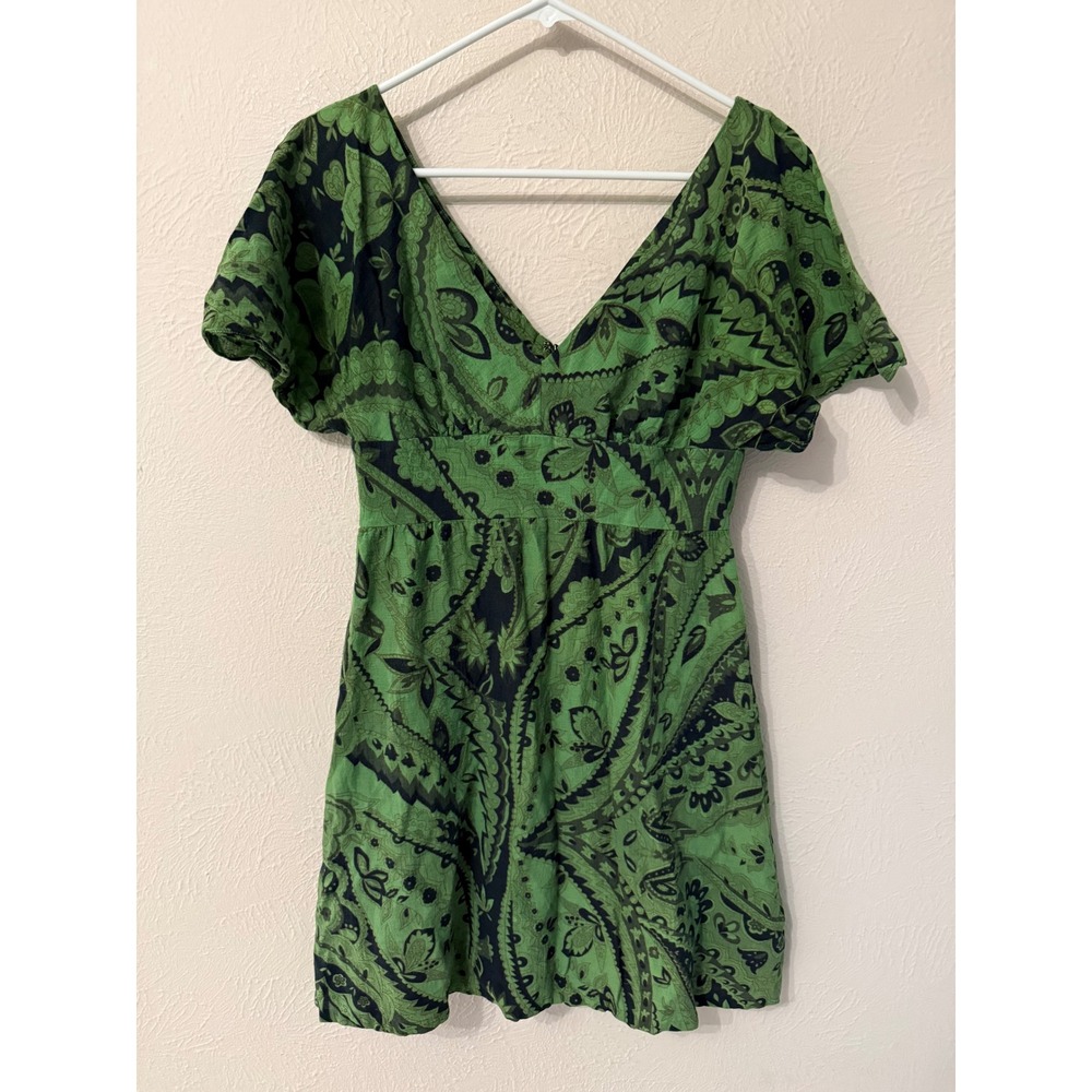 Tibi New York Green Paisley Cotton Wool Blend Mini Dress Size 2 V-Neck Flutter